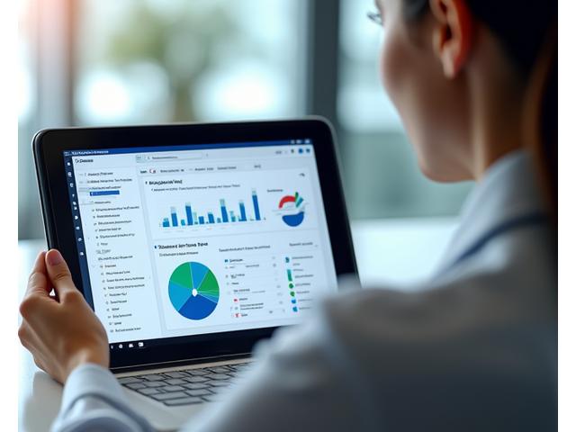 A manager at a desk using a tablet, with a digital dashboard showing new hire progress and resources, representing effective oversight and support.