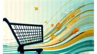 Abstract illustration representing retail and e-commerce, with shopping carts, delivery trucks, and digital storefronts.